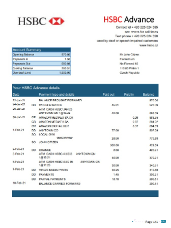 Download Czech HSBC bank statement excel Photoshop template